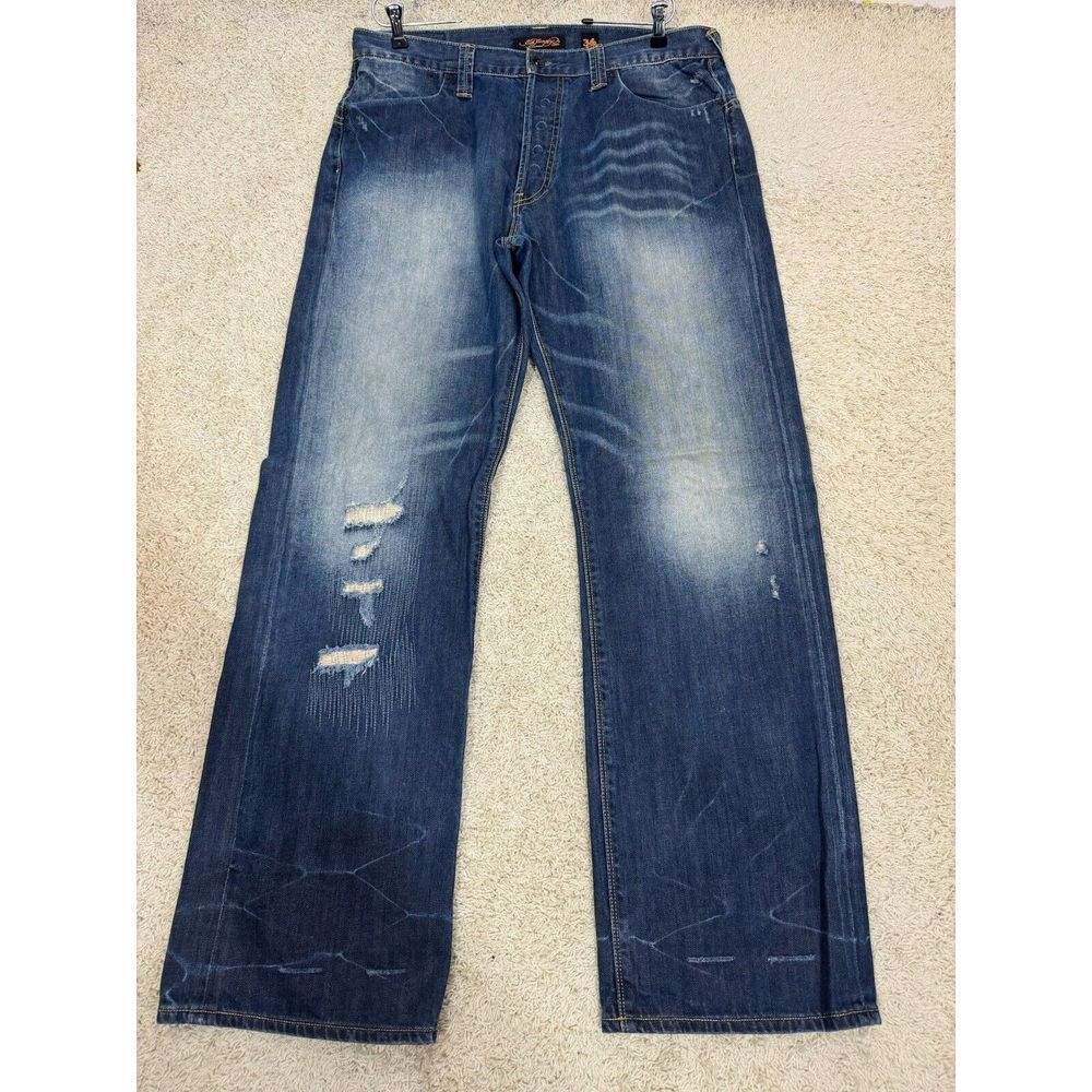 Ed Hardy Men's Jeans Size 36X32 Button Fly Distressed Flap Pocket Denim Y2K READ